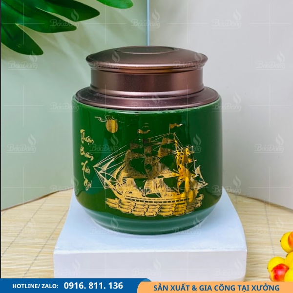 hu-dung-tra-gom-su-bat-trang-hoa-tiet-thuyen-buom hũ đựng trà gốm sứ bát tràng hoạ tiết thuyền buồm