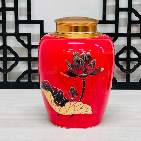 lo-dung-tra-bat-trang-hoa-sen-xanh-gom-su lọ đựng trà gốm sứ bát tràng hoa sen xanh men đỏ