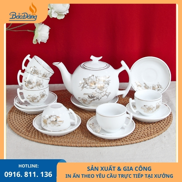 ấm chén bát tràng dáng bưởi cành hoạ tiết chim sẻ đậu cành hoa