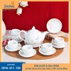 bộ ấm chén sứ trắng dáng bưởi lửa hoạ tiết tre chuồn in logo công ty