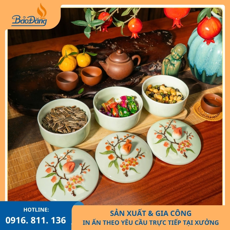 Set 3 Hũ Đựng Mứt Tết Sứ Men Xanh Ngọc Hoạ Tiết Đào Hồng