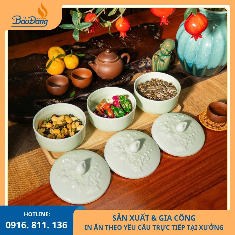 Set 3 Hũ Đựng Mứt Men Xanh Ngọc Hình Quả Đào