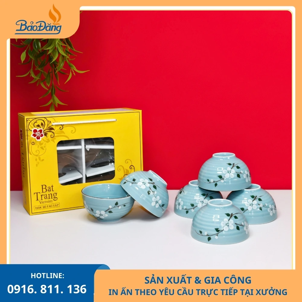 Bát cơm men xanh hoa đào đặt sản xuất Bát cơm men xanh hoa đào dùng cho đơn hàng theo lô