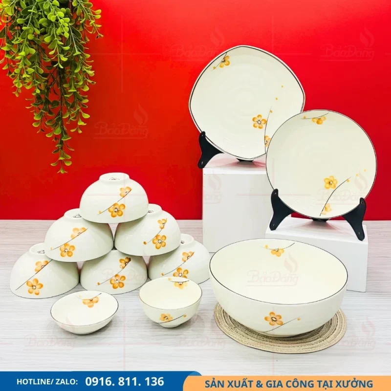 Bộ bát đĩa men kem hoa mai dùng cho bữa ăn hằng ngày