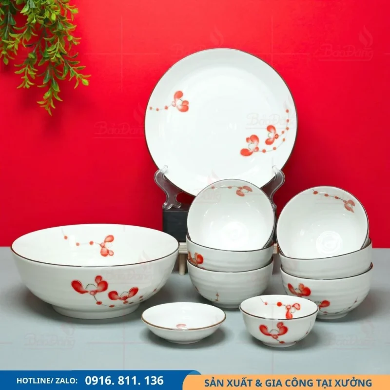 Bộ bát đĩa men kem hoa phượng đỏ phù hợp làm quà tặng
