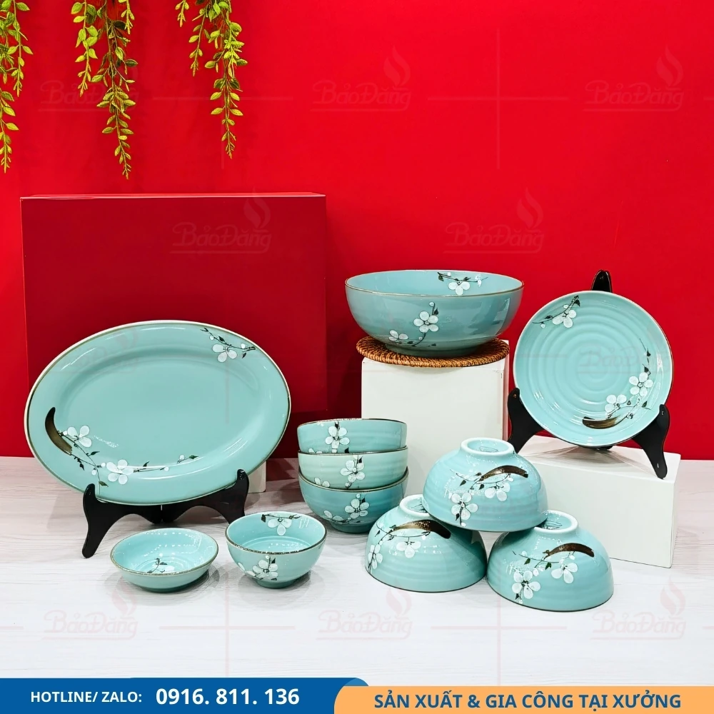 Bộ bát đĩa hoa đào trắng làm quà tặng Bộ bát đĩa men xanh hoa đào trắng phù hợp làm quà tặng