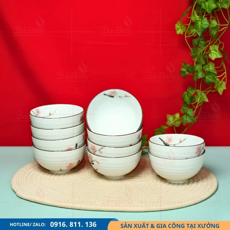 Bộ 10 bát cơm hoa đào hồng phù hợp gia đình đông người
