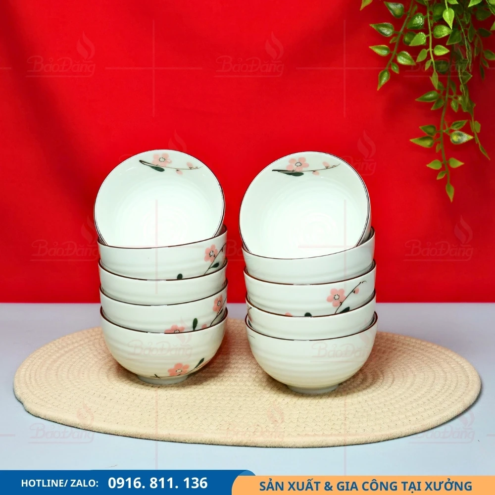 Bộ 10 bát cơm hoa đào hồng dùng làm quà tặng Bộ 10 bát cơm hoa đào hồng phù hợp làm quà tặng