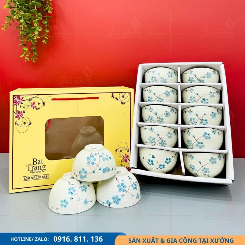 Bộ 10 bát cơm hoa đào xanh dương phù hợp gia đình đông người