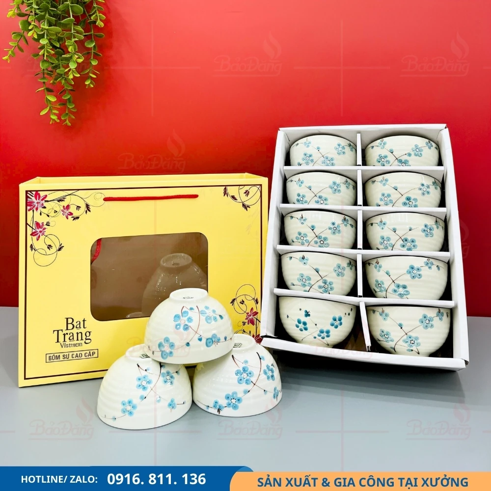 Bộ 10 bát cơm họa tiết hoa đào xanh dương Bộ 10 bát cơm hoa đào xanh dương phù hợp gia đình đông người