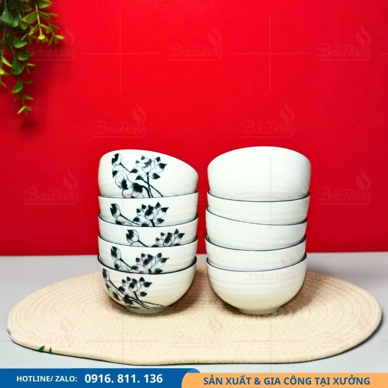 Bộ 10 bát cơm hoa sen đen phù hợp gia đình đông người