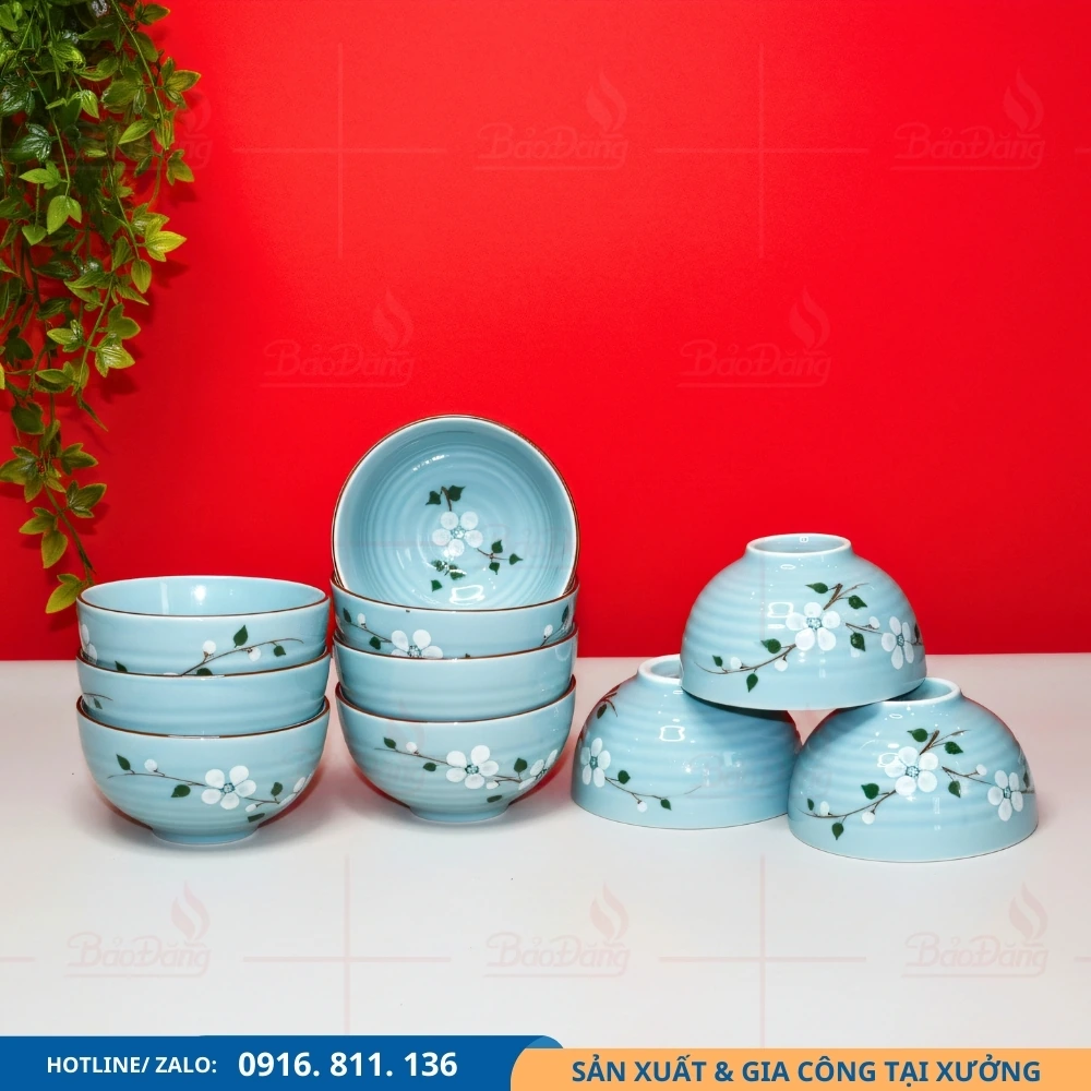 Bộ 10 bát cơm men xanh họa tiết hoa đào Bộ 10 bát cơm men xanh hoa đào phù hợp đơn hàng số lượng lớn