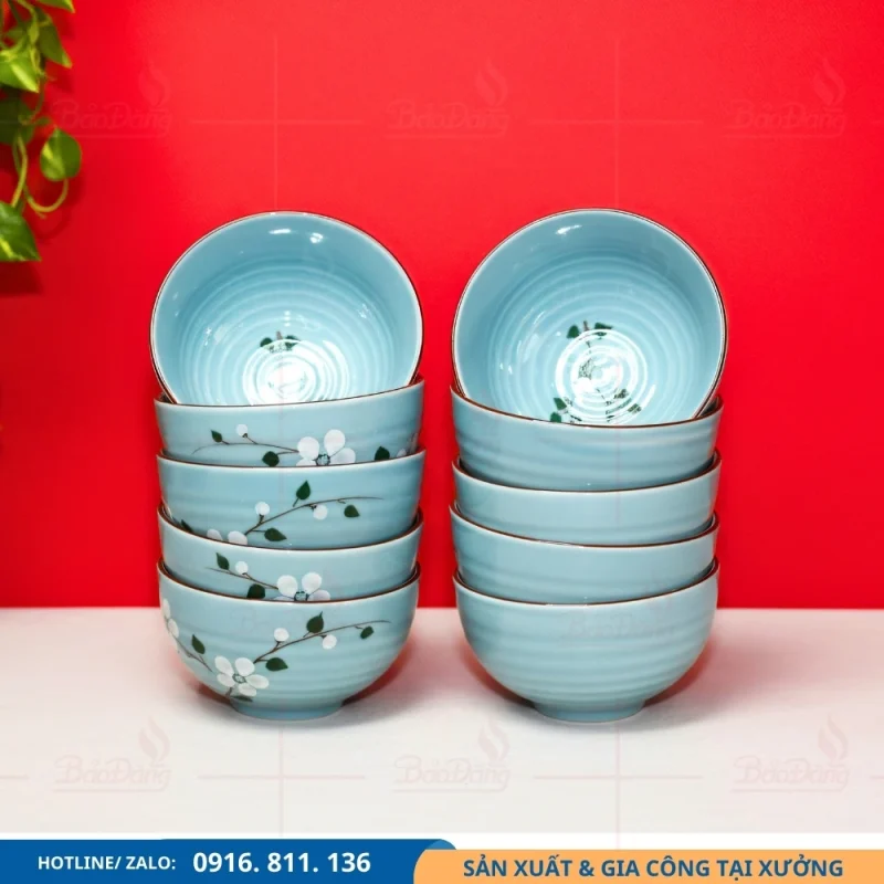 Bộ 10 bát cơm men xanh hoa đào cung cấp từ xưởng gốm