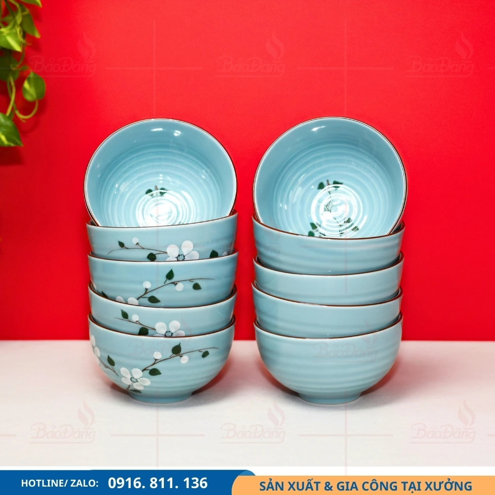 Bộ 10 bát cơm men xanh hoa đào xưởng gốm Bát Tràng Bộ 10 bát cơm men xanh hoa đào cung cấp từ xưởng gốm