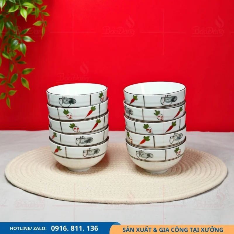 Bộ 10 chén cơm men kem họa tiết rau củ phù hợp đơn hàng số lượng lớn
