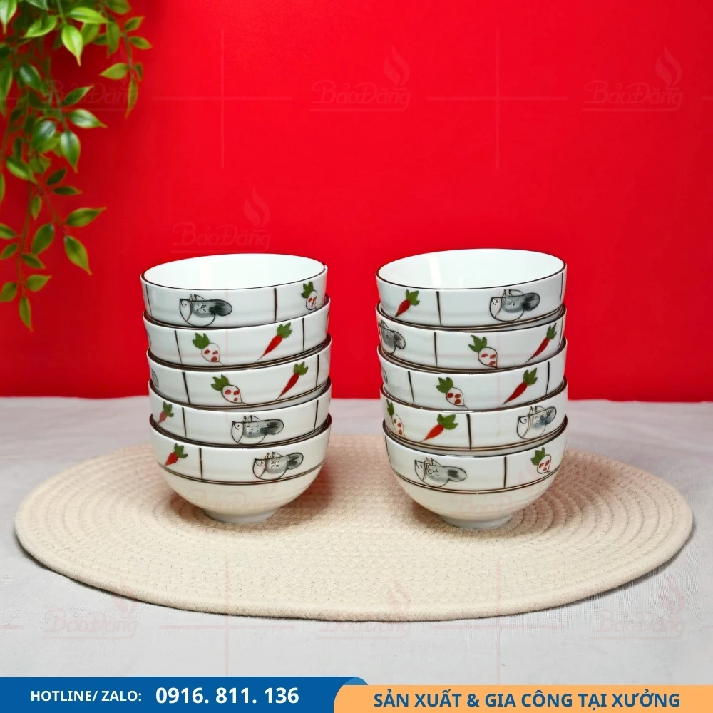 Bộ 10 chén cơm rau củ giá xưởng Bộ 10 chén cơm men kem họa tiết rau củ phù hợp đơn hàng số lượng lớn