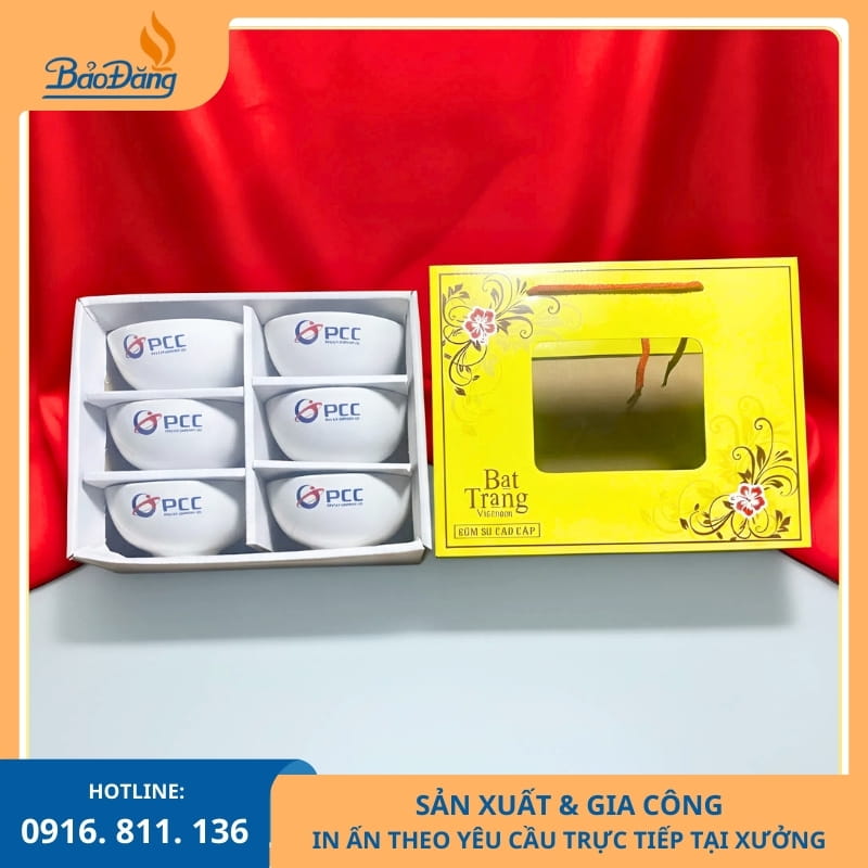 Bộ 6 bát cơm Bát Tràng in logo giá rẻ phù hợp tặng nội bộ.