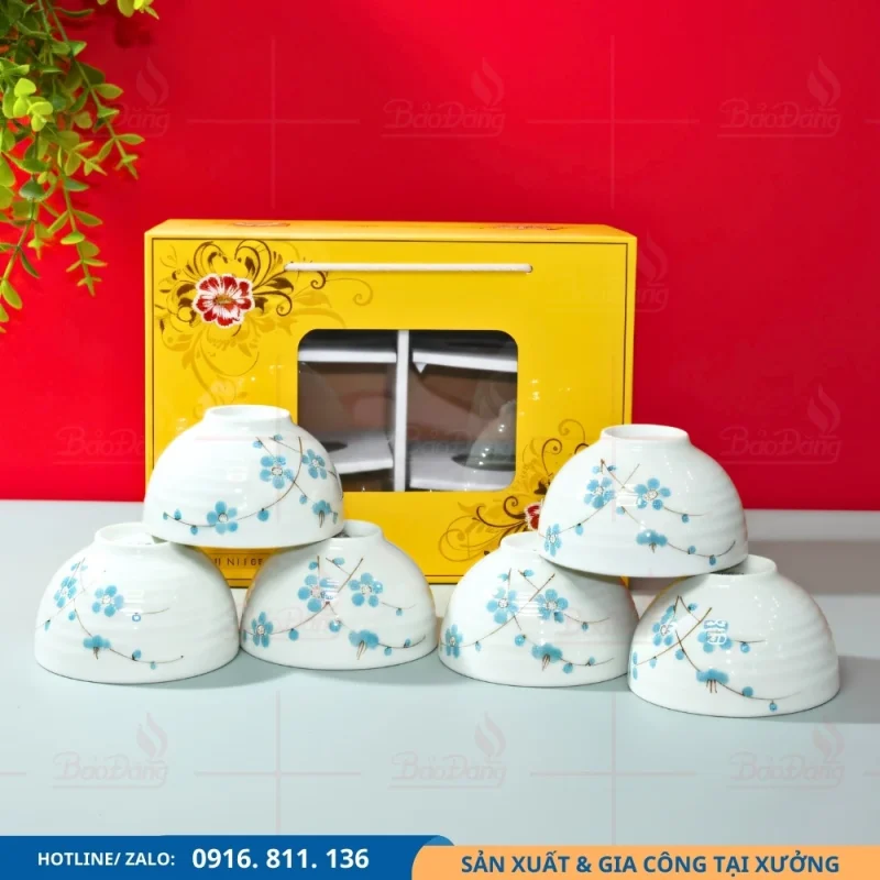 Bộ 6 bát cơm hoa đào xanh dương dùng cho bữa ăn gia đình