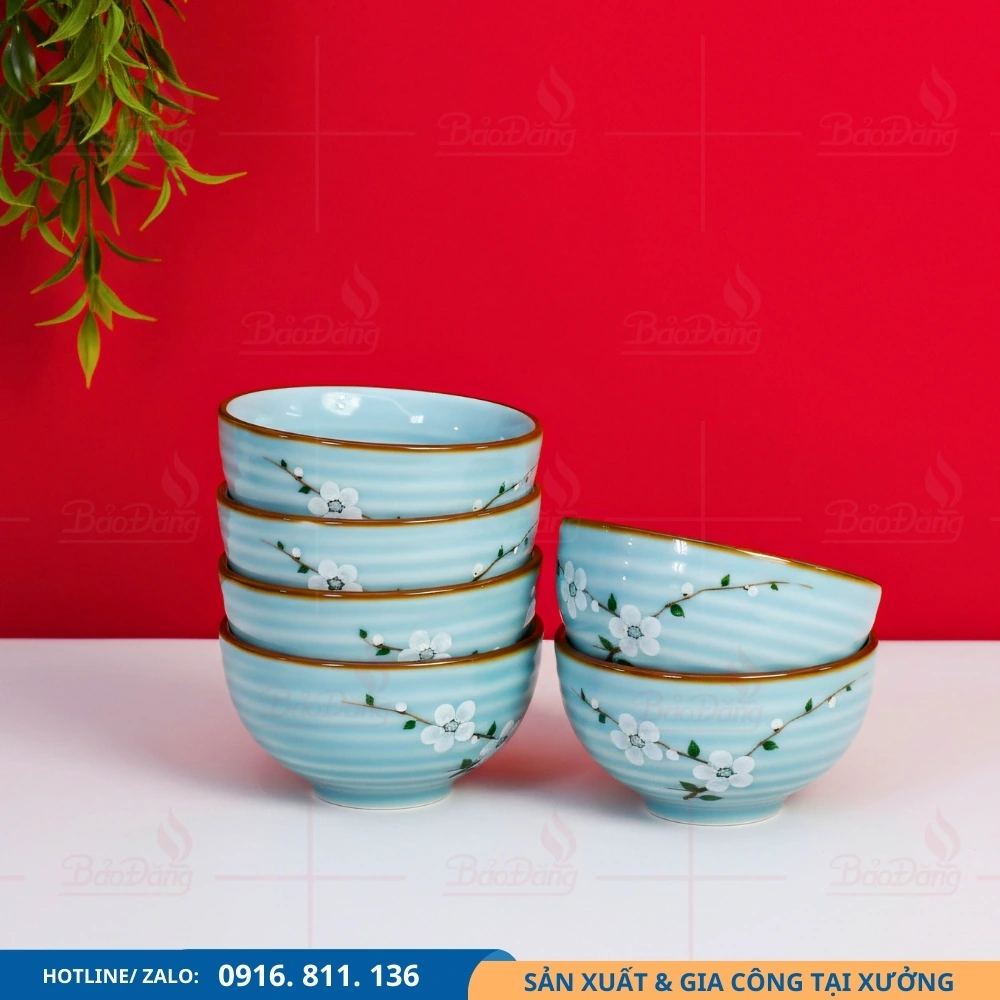 Bộ 6 bát cơm men xanh hoa đào giá xưởng Bộ 6 bát cơm men xanh hoa đào nhận sản xuất theo đơn số lượng
