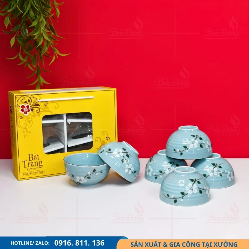 Bộ 6 bát cơm men xanh hoa đào sản xuất theo yêu cầu