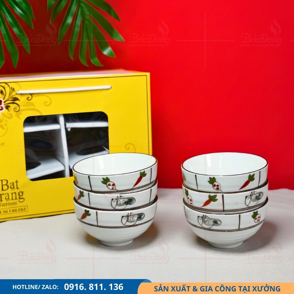 Bộ 6 chén cơm men kem họa tiết rau củ Bộ 6 chén cơm men kem họa tiết rau củ nhận sản xuất theo đơn số lượng