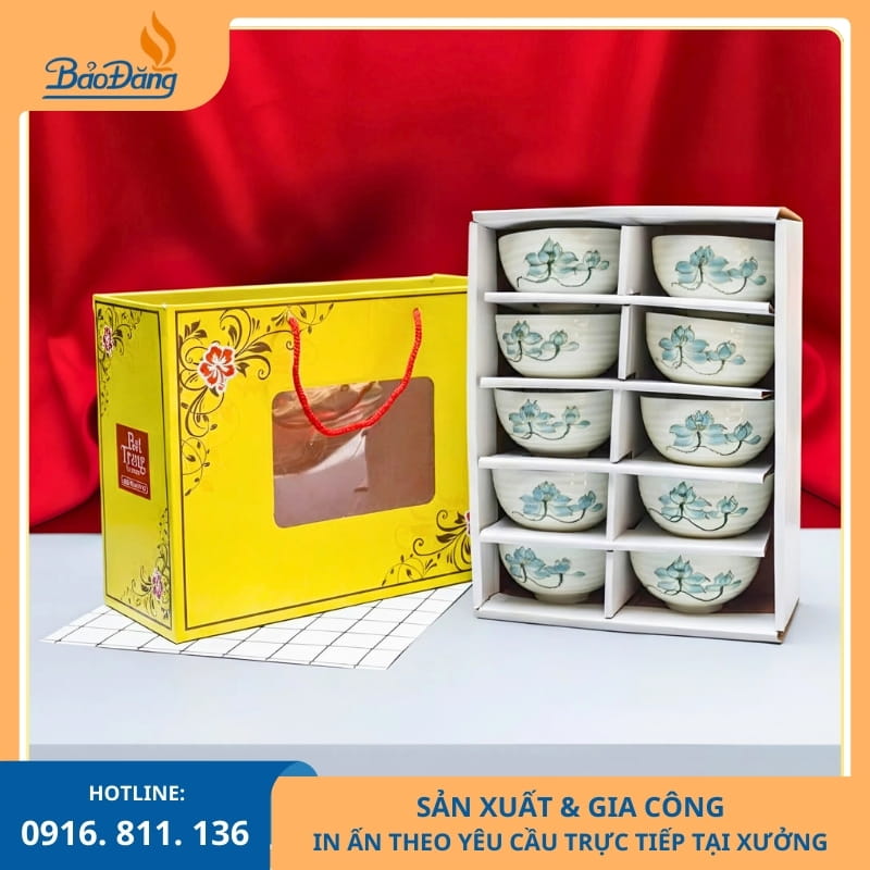 Bộ bát cơm Bát Tràng họa tiết hoa sen trang nhã.