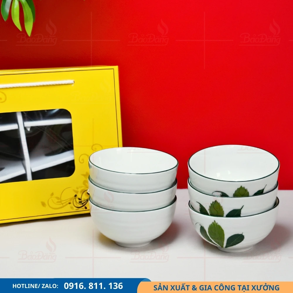 Bộ bát cơm men kem lá xương rồng theo yêu cầu Bộ bát cơm lá xương rồng nhận sản xuất theo yêu cầu