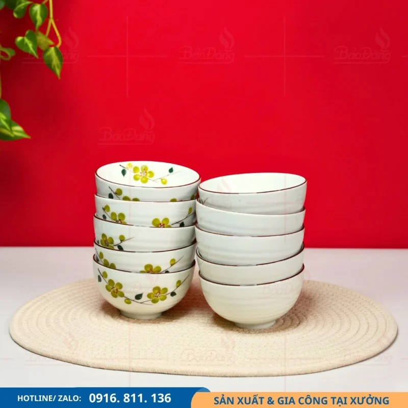 Set chén cơm men kem hoa xanh cốm nhận làm theo yêu cầu
