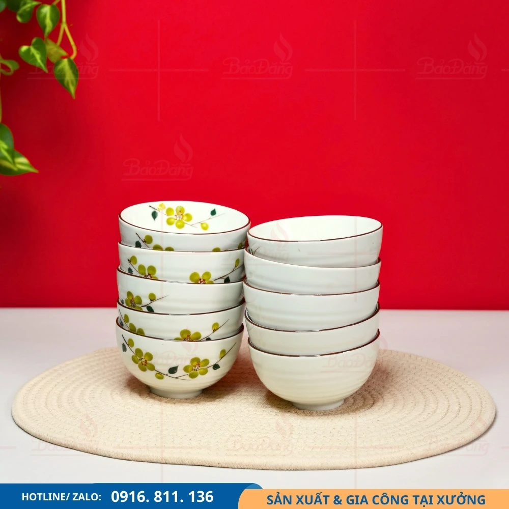 Set chén cơm hoa xanh cốm theo yêu cầu Set chén cơm men kem hoa xanh cốm nhận làm theo yêu cầu