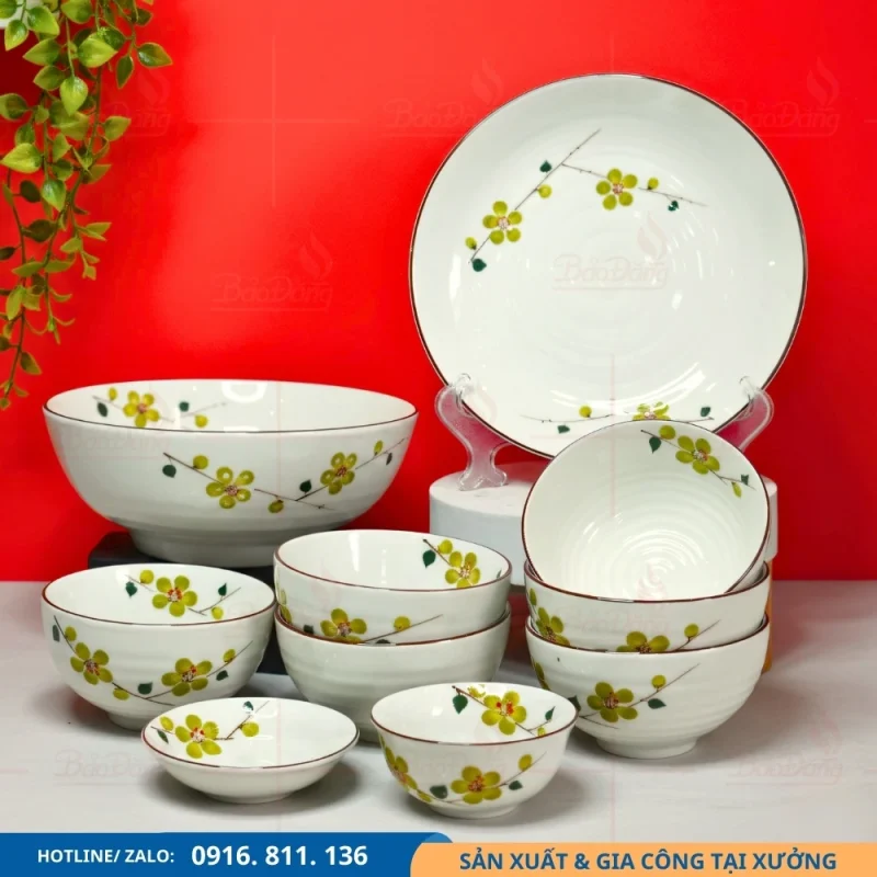 Bộ bát đĩa hoa xanh lá cung cấp giá xưởng theo số lượng