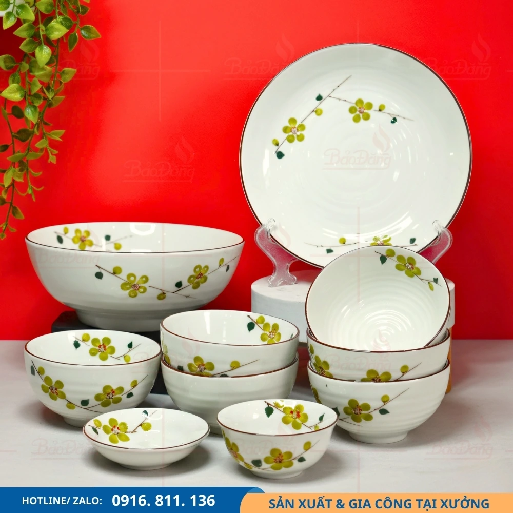 Bộ bát đĩa men kem hoa xanh lá giá xưởng Bộ bát đĩa hoa xanh lá cung cấp giá xưởng theo số lượng