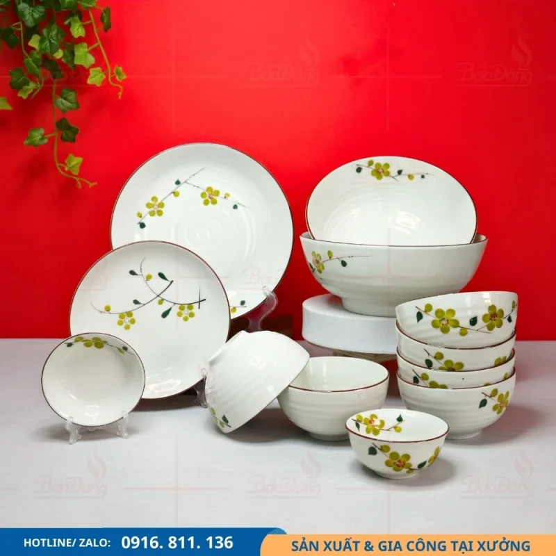 Bộ bát đĩa hoa xanh lá nhận sản xuất theo tiến độ