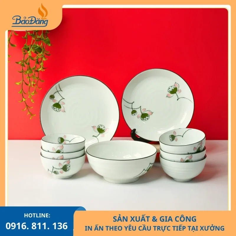 Bộ bát đĩa men kem đài sen nhận sản xuất theo đơn số lượng