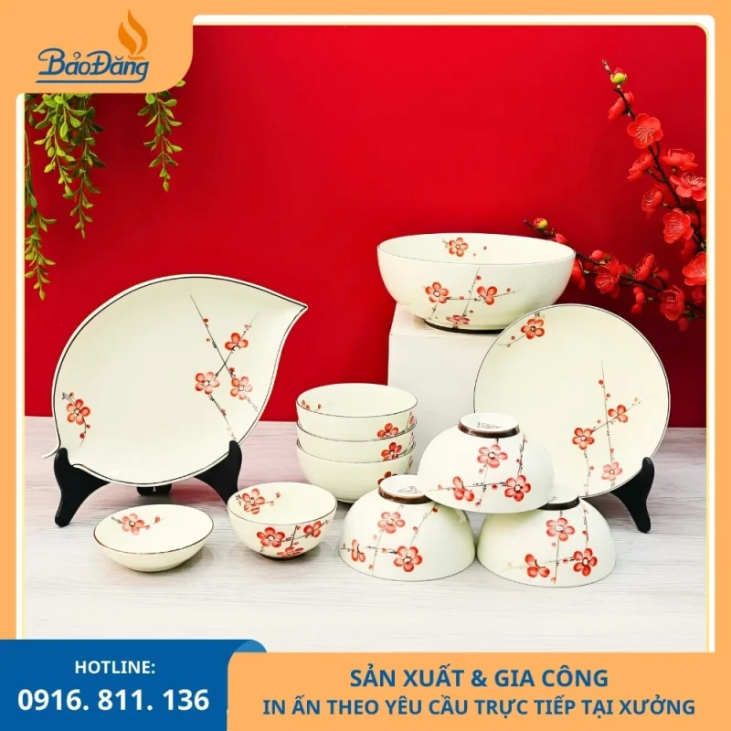 Bộ bát đĩa men kem hoa đào đỏ dùng cho bàn ăn gia đình