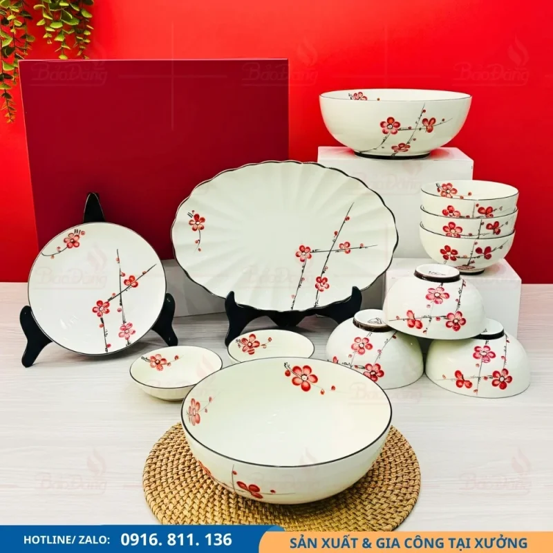 Bộ bát đĩa men kem hoa đào đỏ dòng cao cấp