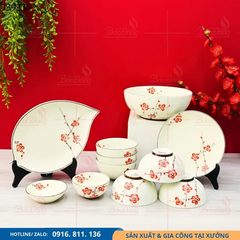 Bộ bát đĩa men kem hoa đào đỏ phong cách sang trọng