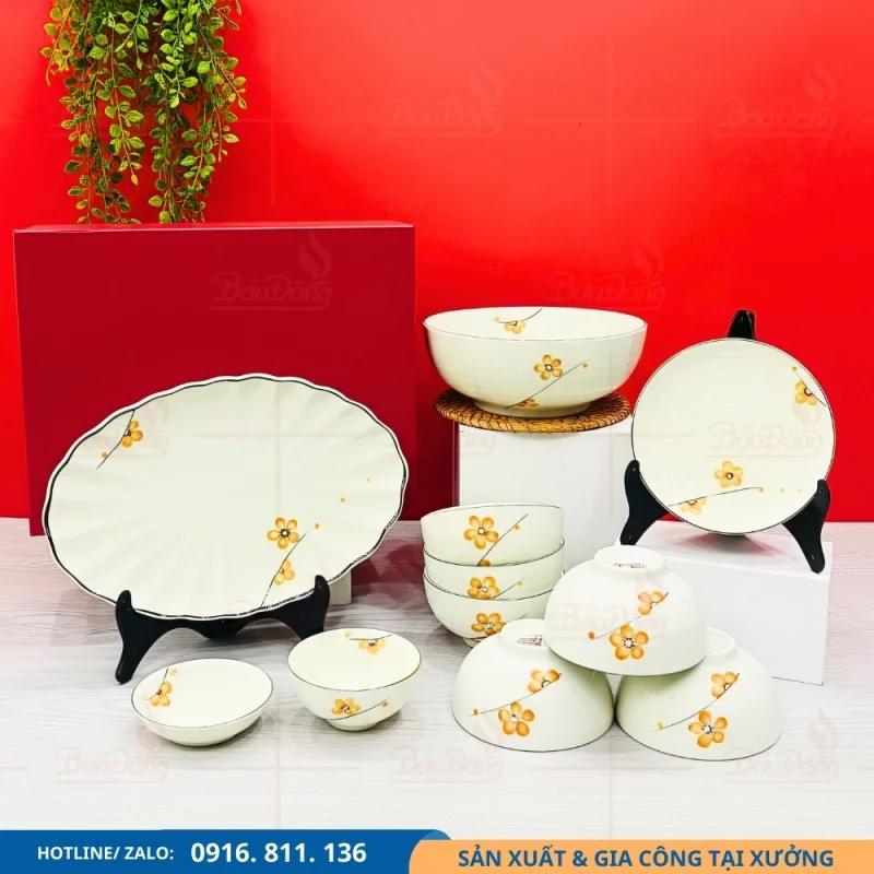 Bộ bát đĩa men kem hoa mai dòng cao cấp