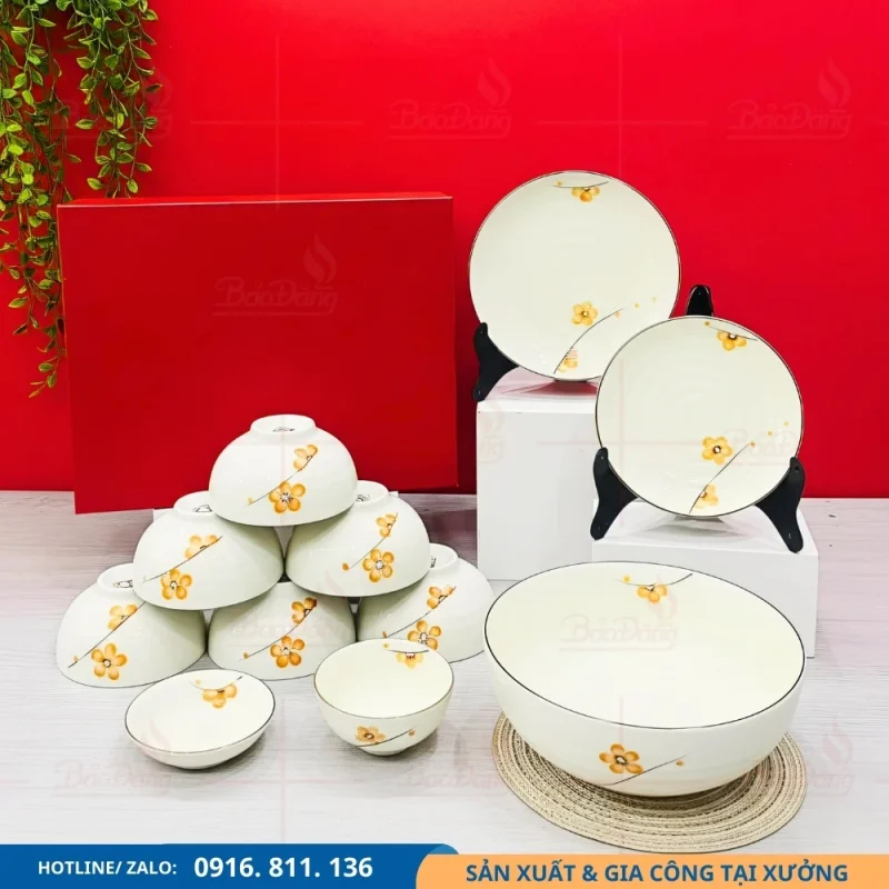 Bộ bát đĩa men kem hoa mai phong cách sang trọng