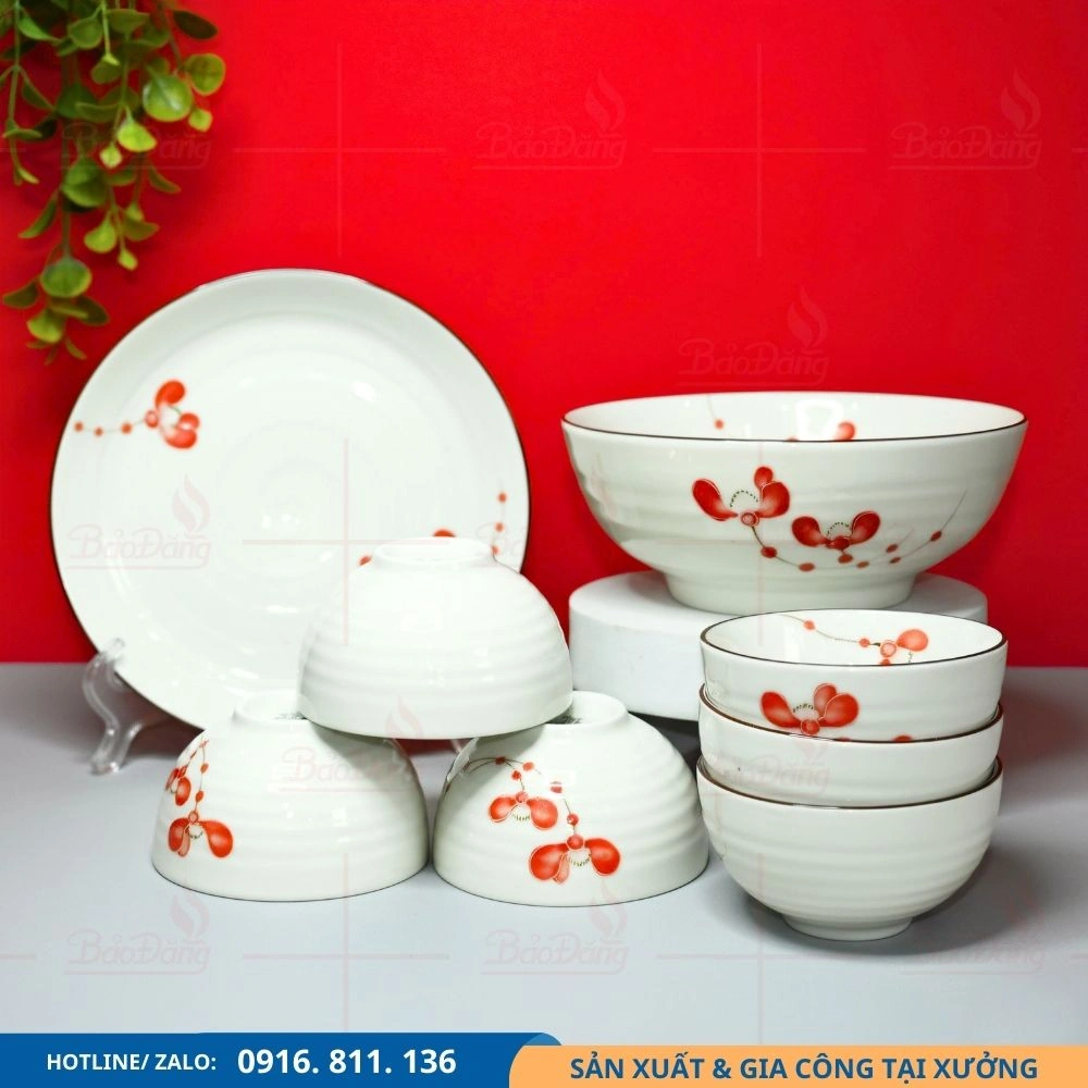 Bộ bát đĩa men kem hoa phượng đỏ chất lượng cao Bộ bát đĩa men kem hoa phượng đỏ dòng cao cấp