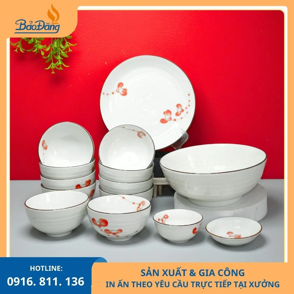 Bộ bát đĩa men kem họa tiết hoa phượng đỏ Bộ bát đĩa men kem hoa phượng đỏ dùng cho bàn ăn gia đình