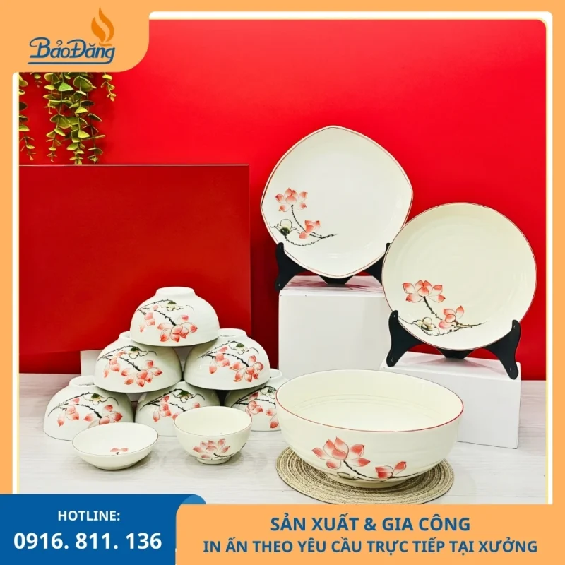 Bộ bát đĩa men kem hoa sen hồng dùng cho bàn ăn gia đình
