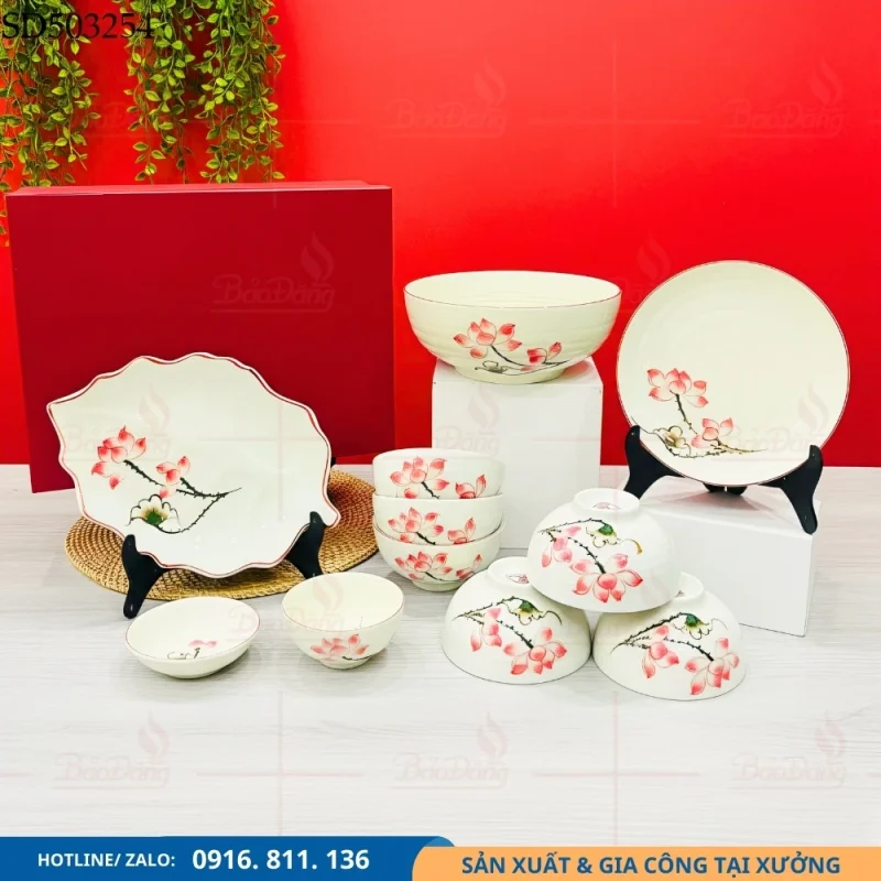 Bộ bát đĩa men kem hoa sen hồng dòng cao cấp