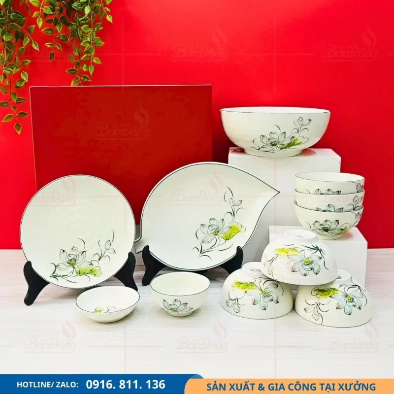 Bộ bát đĩa men kem hoa sen xanh dòng cao cấp