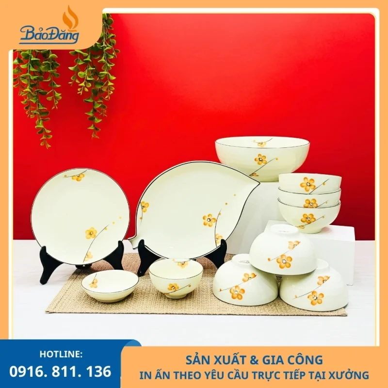 Bộ bát đĩa men kem họa tiết hoa mai dùng cho bàn ăn gia đình