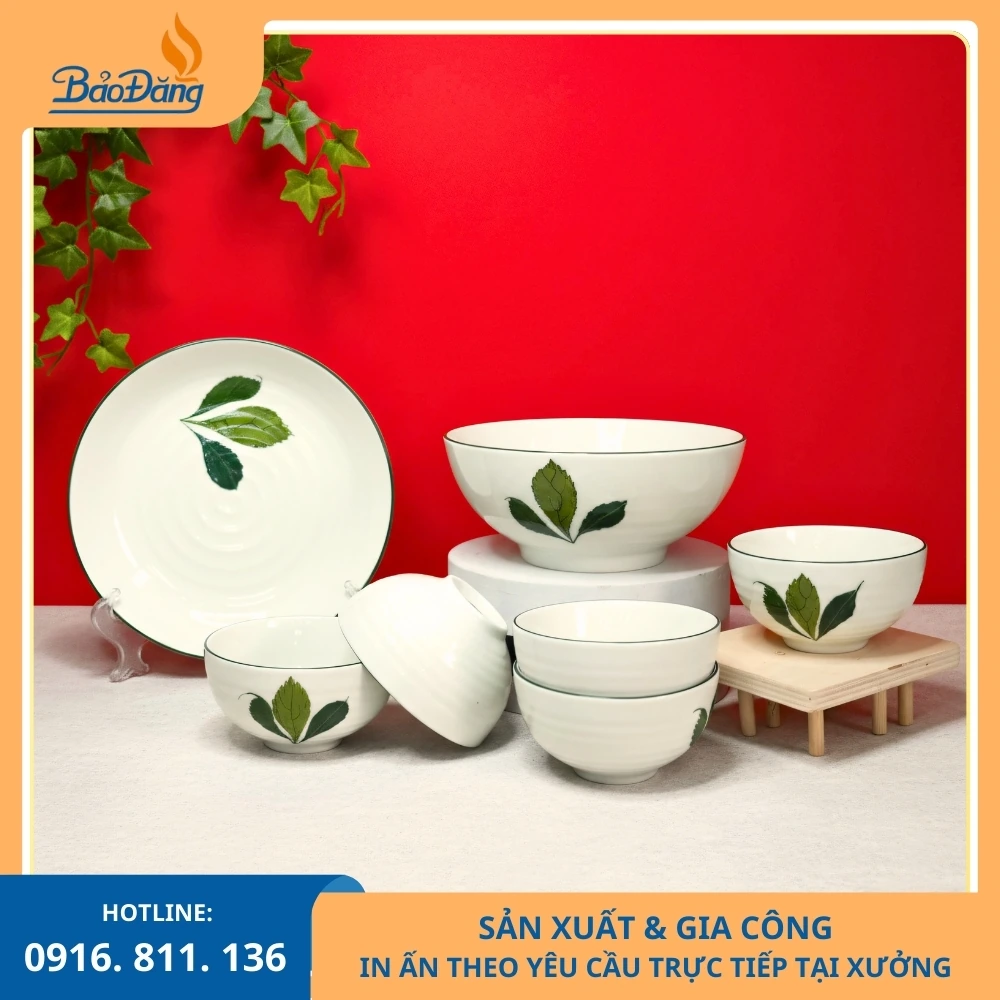 Bộ bát đĩa lá xương rồng giá xưởng Bộ bát đĩa men kem lá xương rồng nhận sản xuất theo đơn số lượng
