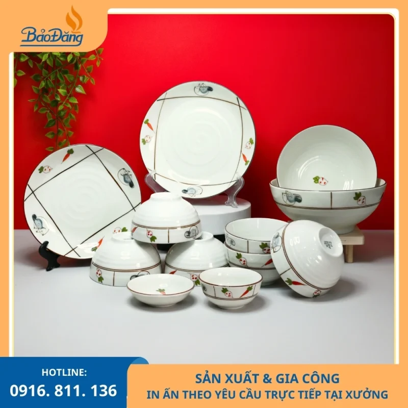 Bộ bát đĩa men kem họa tiết rau củ nhận sản xuất theo đơn số lượng
