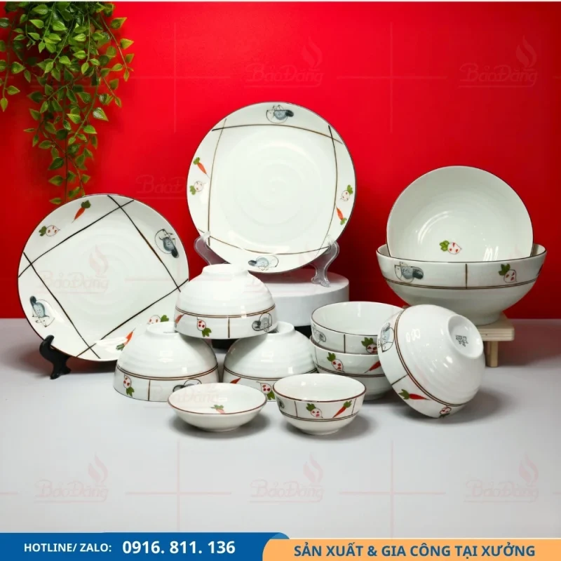 Bộ bát đĩa men kem rau củ phù hợp đặt theo lô