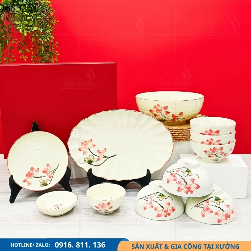 Bộ bát đĩa men kem sen hồng phong cách sang trọng
