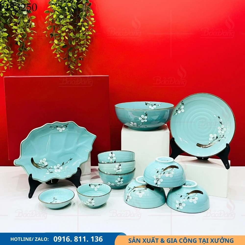 Bộ bát đĩa men xanh hoa đào trắng chất lượng cao Bộ bát đĩa men xanh hoa đào trắng dòng cao cấp