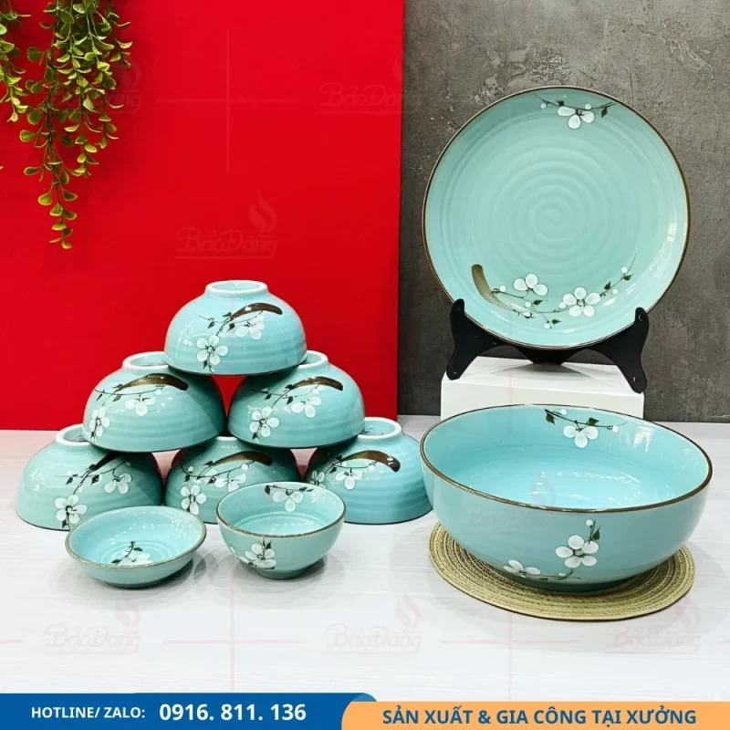 Bộ bát đĩa men xanh họa tiết hoa đào trắng đẹp mắt